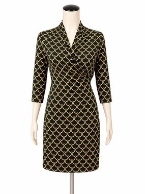 J. McLaughlin Black Gold Bamboo-Print 3/4 Sleeve Catalina Faux Wrap Dress Med.